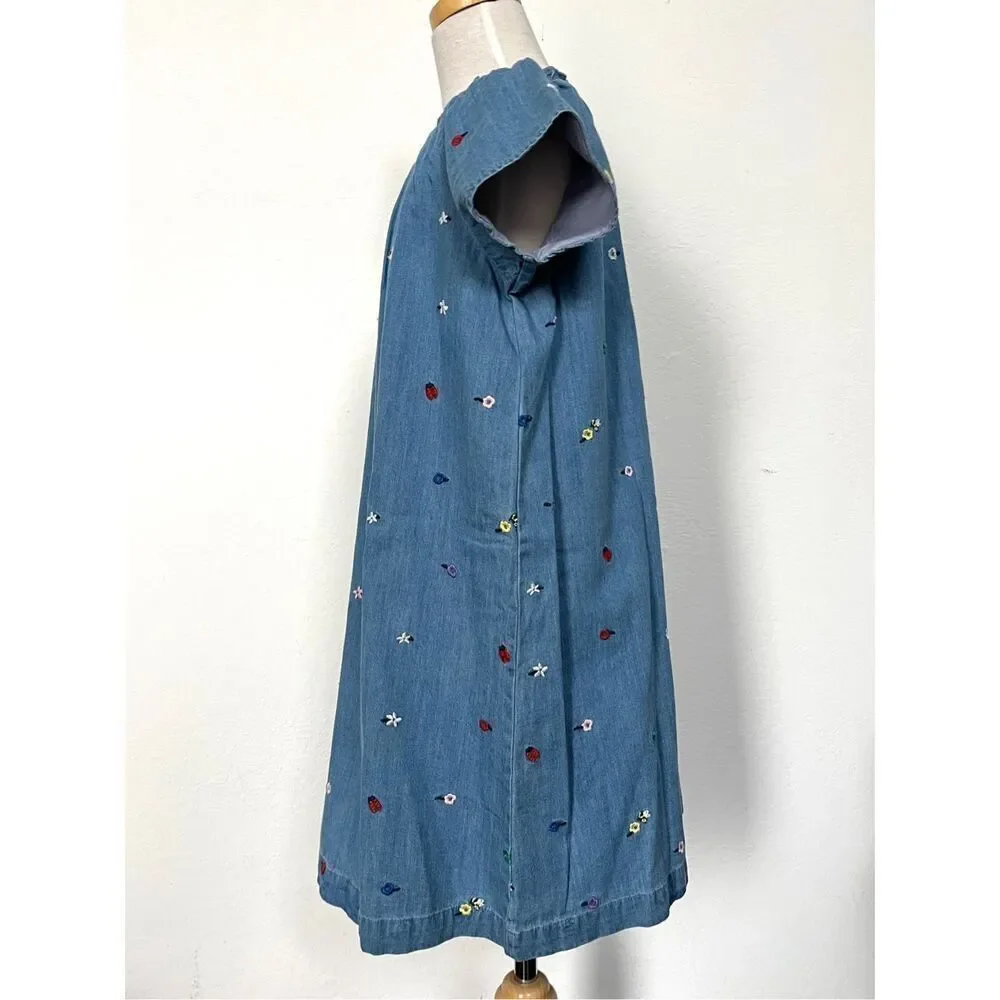 Hanna Andersson Girls 8 (130) Flower Embroidered Chambray Denim Dress